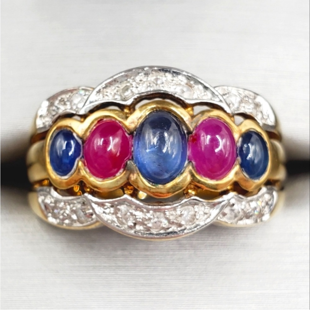 Genuine Oval Blue & Pink Cabochon Sapphire 14k gold / 925 Sterling Silver Ring - Picture 1 of 8